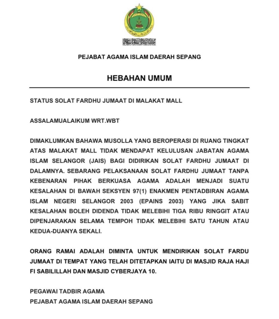 STATUS SOLAT FARDHU JUMAAT DI MALAKAT MALL
